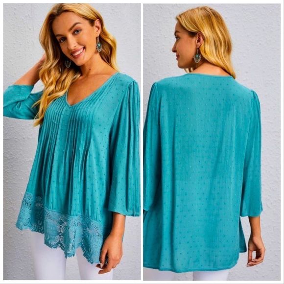 NWT! SWISS DOT LACE TRIM SOLID BLOUSE IN CADET BLUE! - Picture 4 of 12